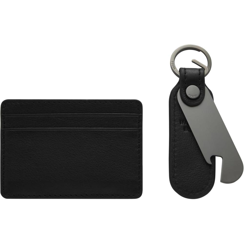 imageFossil Mens Leather Slim Minimalist Card Case Front Pocket WalletBlack Card Case  Keyfob Gift Set