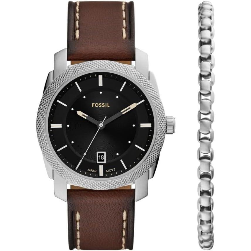 imageFossil Mens Machine Quartz Stainless Steel ThreeHand WatchBrown LeatherSilverBracelet Set