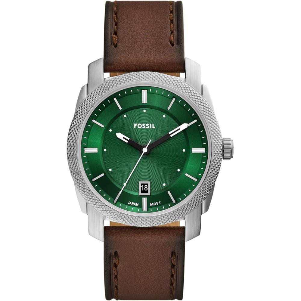 imageFossil Mens Machine Quartz Stainless Steel ThreeHand WatchBrown LeatherSilverGreen