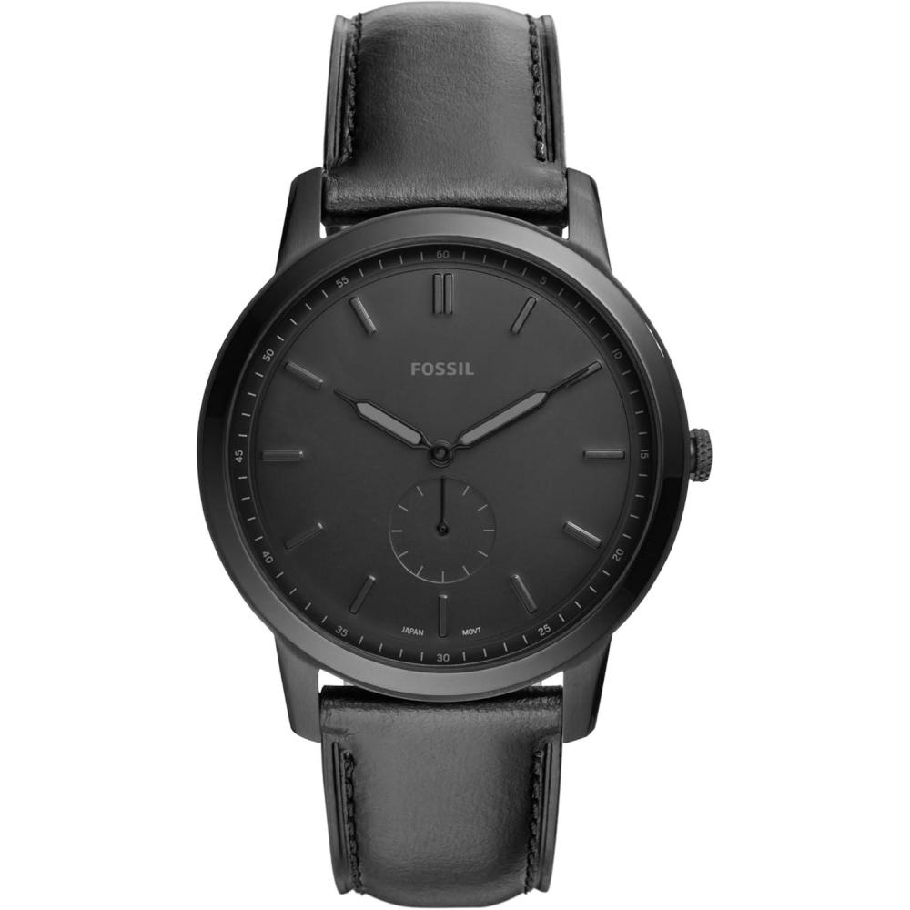 imageFossil Mens Minimalist Quartz Stainless Steel and Leather ThreeHand WatchBlack Leather