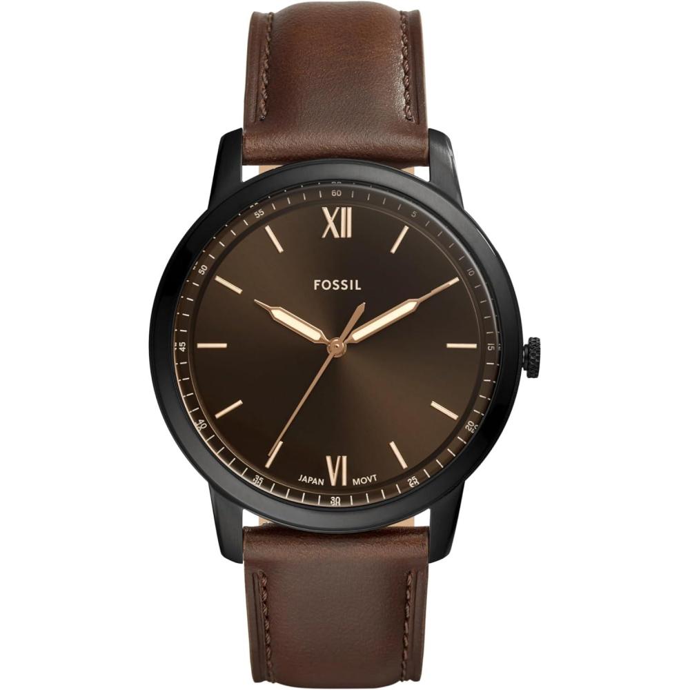 imageFossil Mens Minimalist Quartz Stainless Steel and Leather ThreeHand WatchBrown LeatherBlackBrown