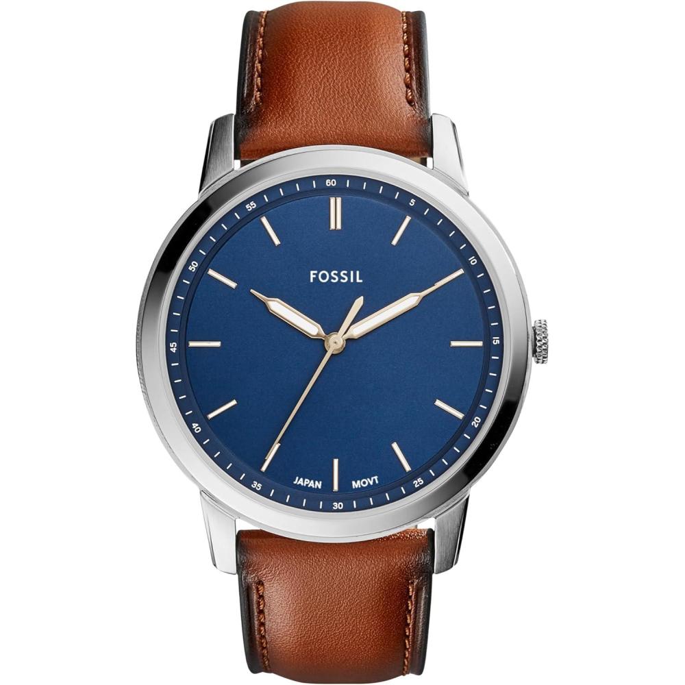 imageFossil Mens Minimalist Quartz Stainless Steel and Leather ThreeHand WatchBrown LeatherSilverBlue