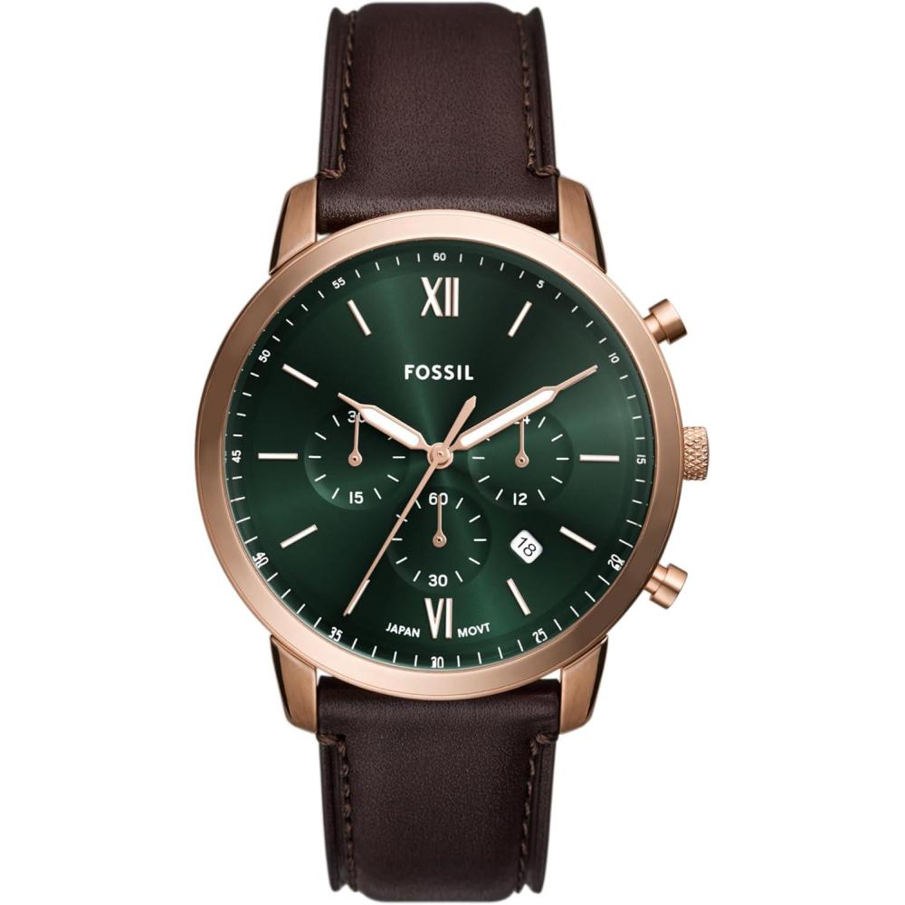 imageFossil Mens Neutra Quartz Stainless Steel and Leather Chronograph WatchBrown LeatherRose GoldGreen