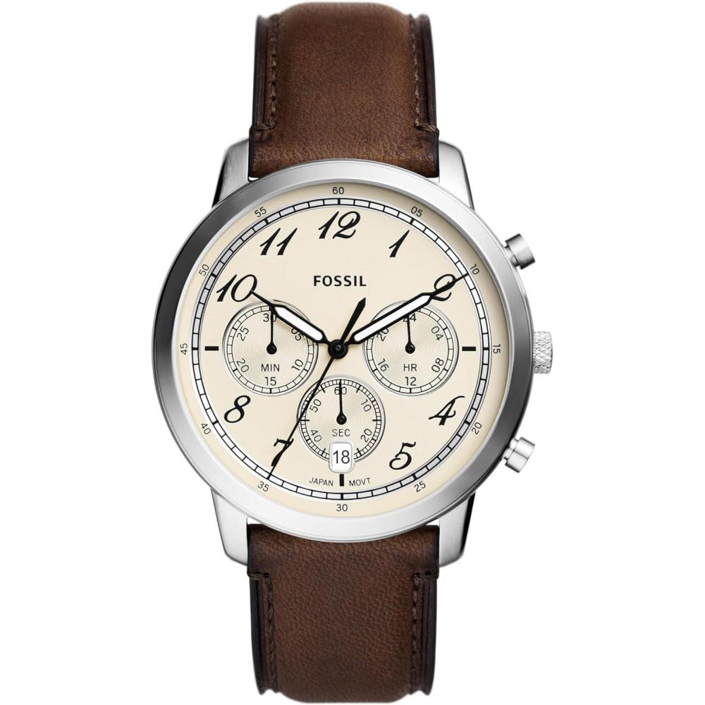 imageFossil Mens Neutra Quartz Stainless Steel and Leather Chronograph WatchBrown LeatherSilver Arabic Numerals
