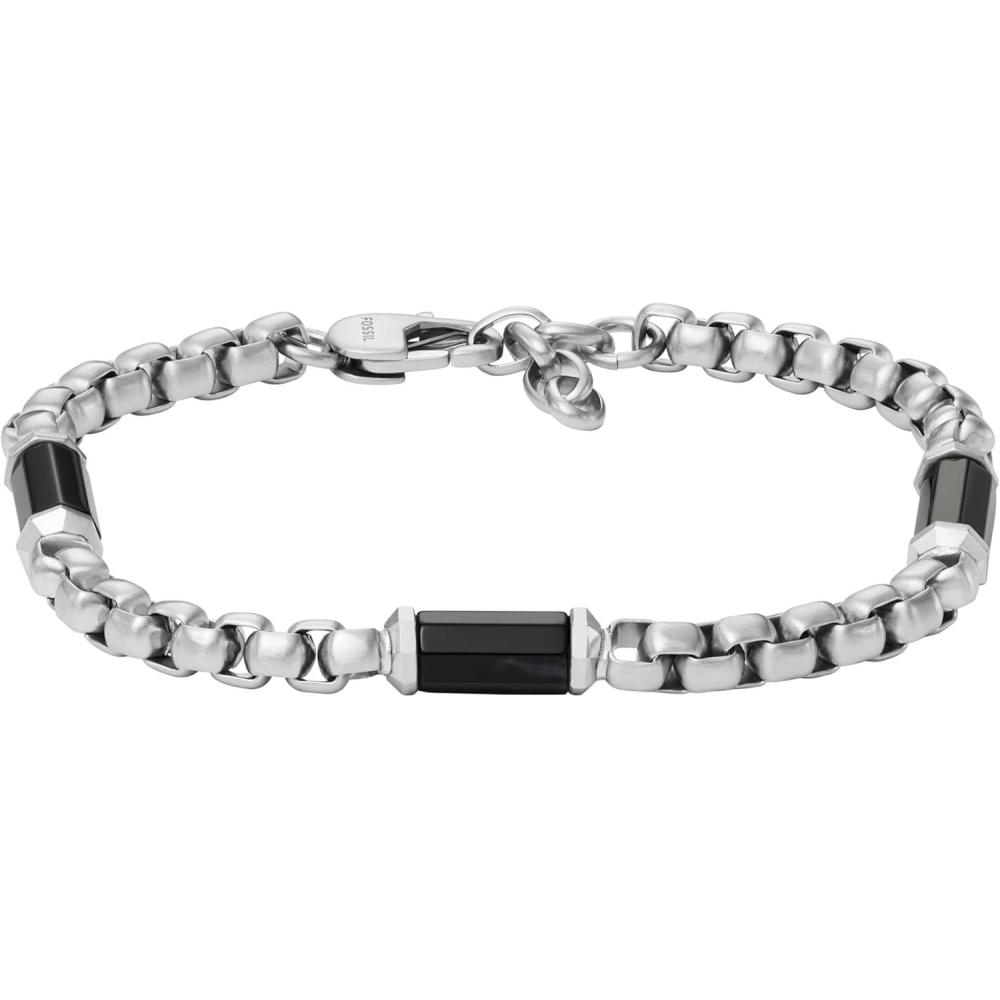 imageFossil Mens Plated Stainless Steel Engravable Personalized Gift ID Chain or Cuff Bracelet for MenSilver Box ChainBlack Beads