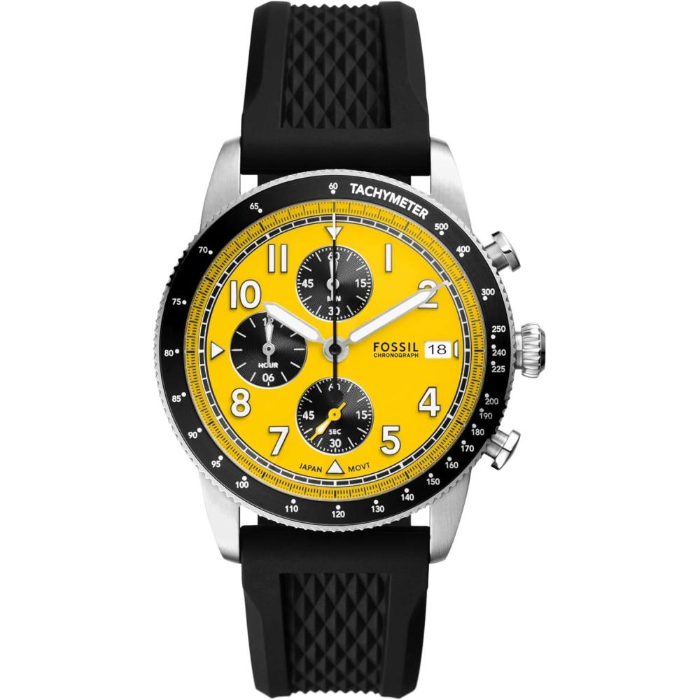 imageFossil Mens Sport Tourer Quartz Stainless Steel Chronograph WatchBlack SiliconeSilverYellow