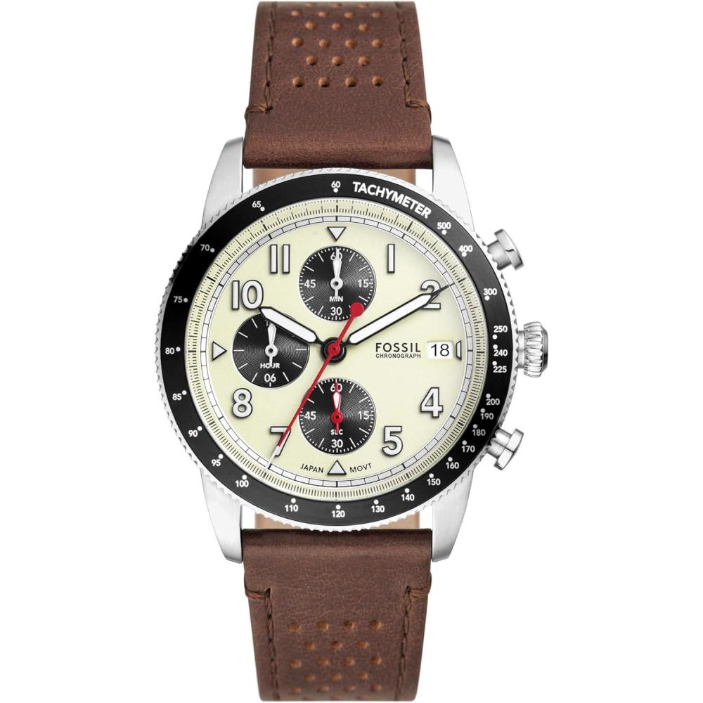 imageFossil Mens Sport Tourer Quartz Stainless Steel Chronograph WatchBrown LeatherSilverCream