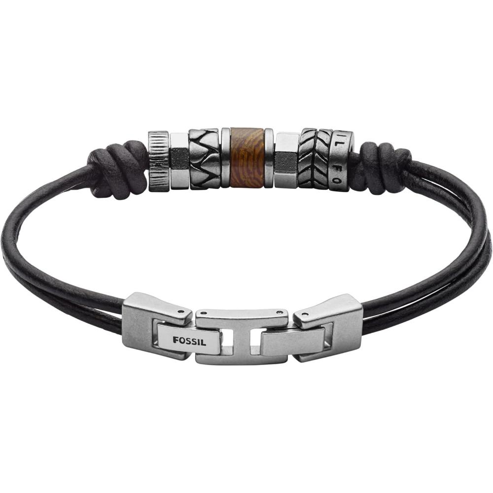 imageFossil Mens Stainless Steel and Genuine Leather andor Beaded Bracelet for MenBlack Cord