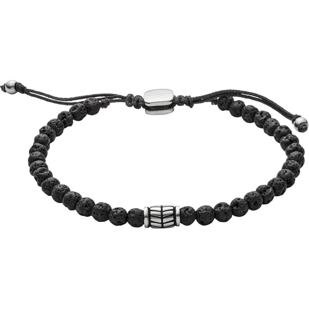 imageFossil Mens Stainless Steel and Genuine Leather andor Beaded Bracelet for MenBlack Lava