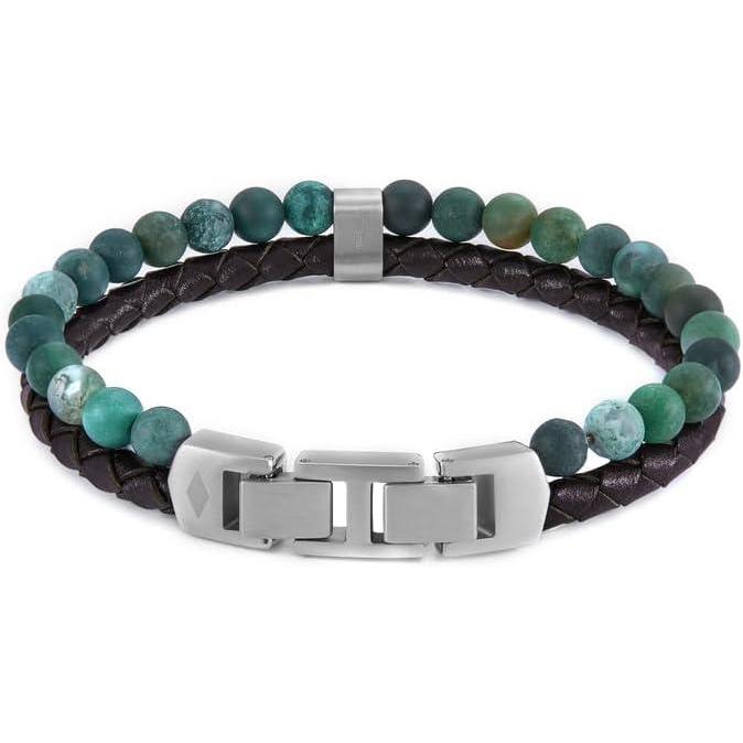imageFossil Mens Stainless Steel and Genuine Leather andor Beaded Bracelet for MenGreenBrown