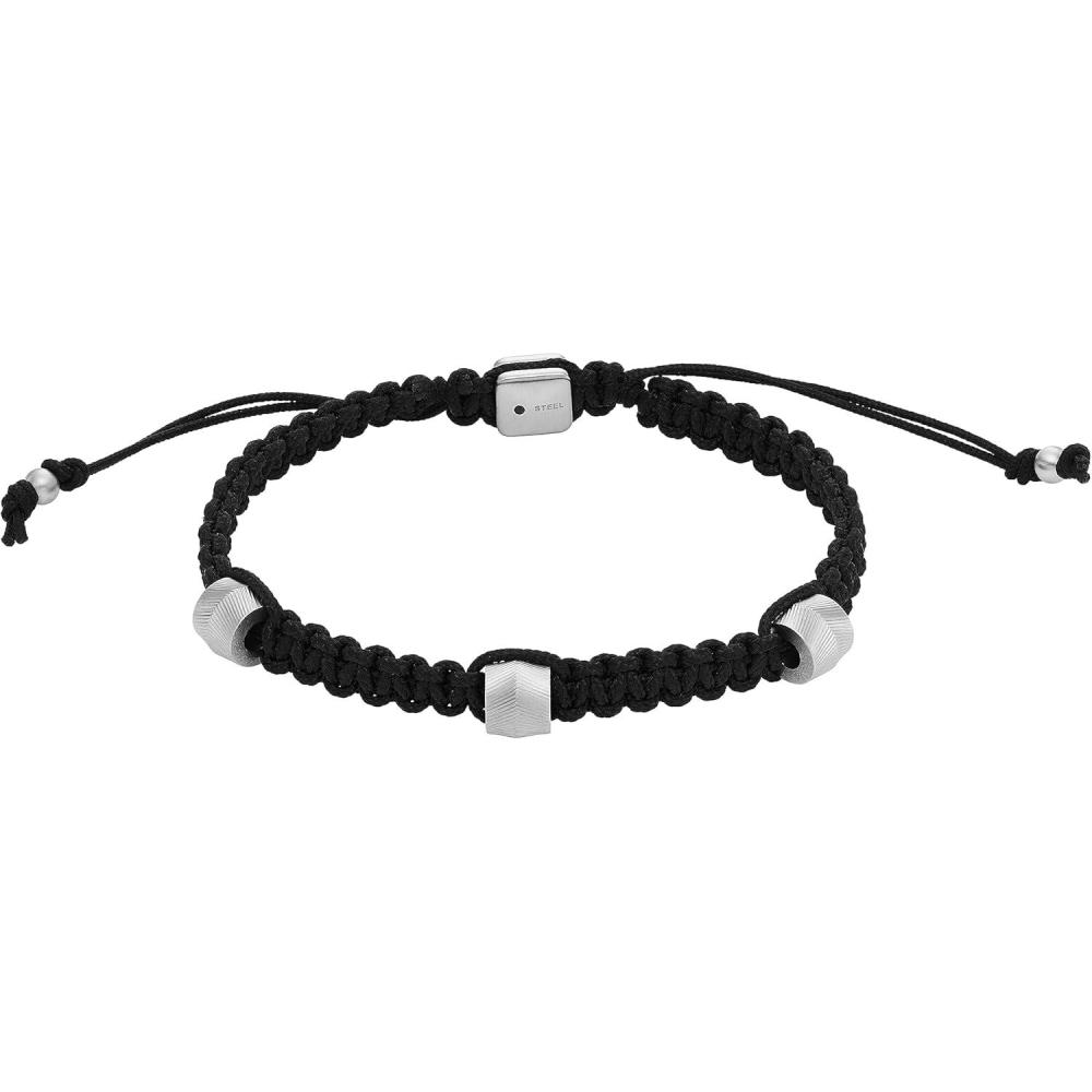 imageFossil Mens Stainless Steel and Genuine Leather andor Beaded Bracelet for MenHarlow Linear Texture Bead wBlack Nylon
