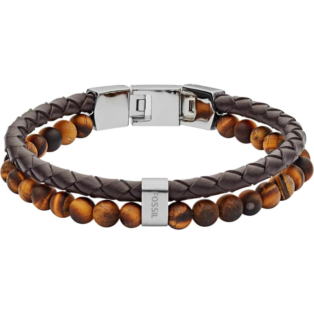 imageFossil Mens Stainless Steel and Genuine Leather andor Beaded Bracelet for MenTigers EyeBrownLeather