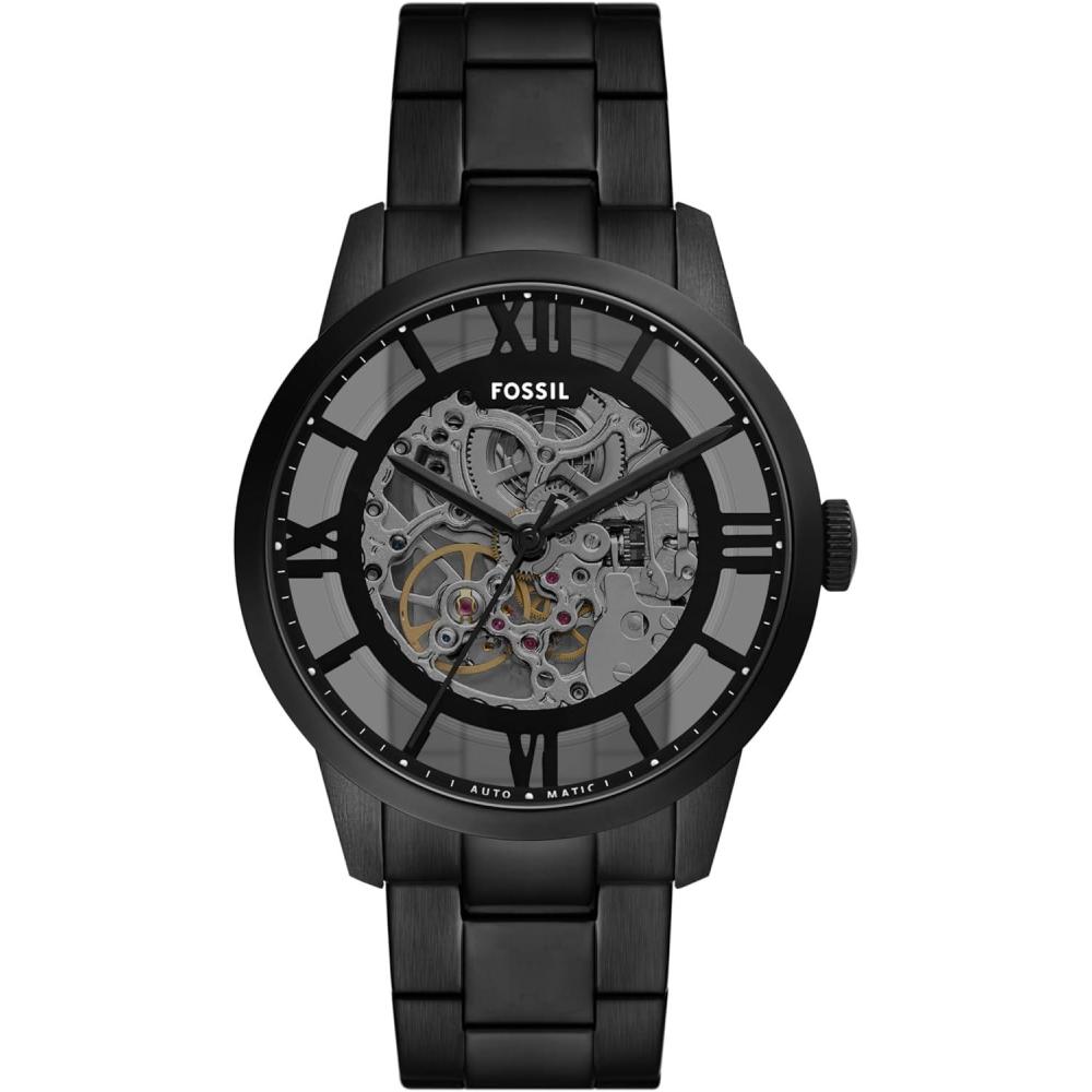 imageFossil Mens Townsman Automatic Stainless Steel and Leather TwoHand Skeleton WatchBlack Skeleton