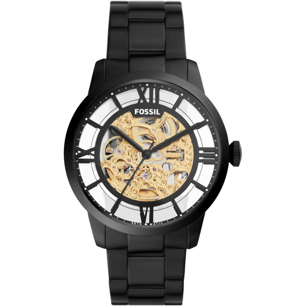 imageFossil Mens Townsman Automatic Stainless Steel and Leather TwoHand Skeleton WatchBlack StainlessGold Dial