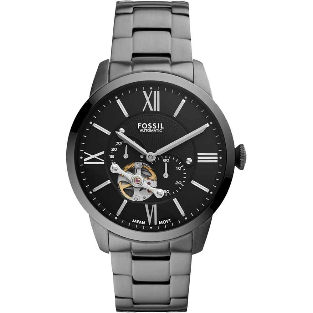 imageFossil Mens Townsman Automatic Stainless Steel and Leather TwoHand Skeleton WatchSmoke Gray