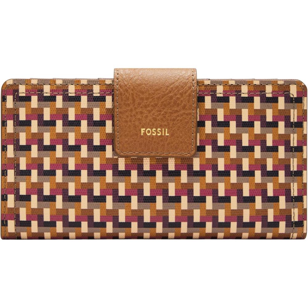 imageFossil Womens Logan Leather Wallet RFID Blocking Tab Clutch Black Model SL7830001Multi Woven Print