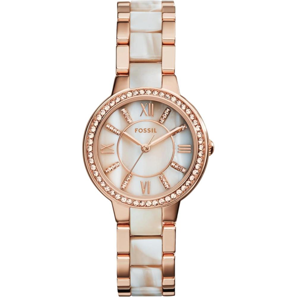 imageFossil Womens Virginia Quartz Stainless Steel ThreeHand WatchRose GoldHorn Acetate