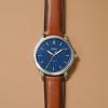 imageFossil Mens Minimalist Quartz Stainless Steel and Leather ThreeHand WatchBrown LeatherSilverBlue