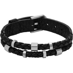 imageFossil Mens Casual Stainless Steel and Genuine Leather Bracelet for MenBlackSilver Multi Braided