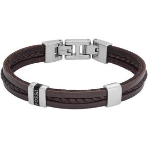 imageFossil Mens Casual Stainless Steel and Genuine Leather Bracelet for MenBrown BraidSilver