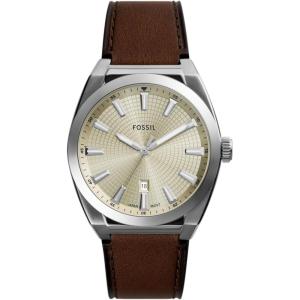 imageFossil Mens Everett Quartz Stainless Steel ThreeHand WatchBrown LeatherSilverCream