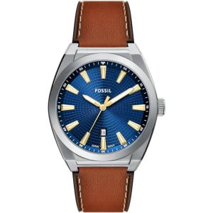 imageFossil Mens Everett Quartz Stainless Steel ThreeHand WatchBrownSilverBlue