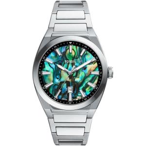 imageFossil Mens Everett Quartz Stainless Steel ThreeHand WatchSilverTurquoise Abalone