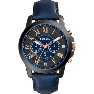 imageFossil Mens Grant Quartz Stainless Steel and Leather Chronograph WatchBlue  Black