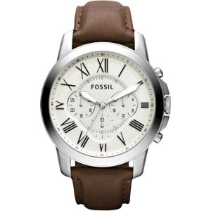 imageFossil Mens Grant Quartz Stainless Steel and Leather Chronograph WatchSilver  Brown