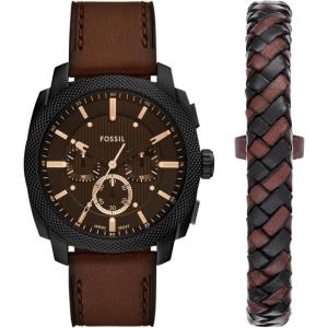 imageFossil Mens Machine Chronograph Stainless Steel WatchBrown LeatherBlack Gift Set