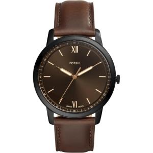imageFossil Mens Minimalist Quartz Stainless Steel and Leather ThreeHand WatchBrown LeatherBlackBrown