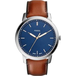 imageFossil Mens Minimalist Quartz Stainless Steel and Leather ThreeHand WatchBrown LeatherSilverBlue