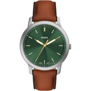 imageFossil Mens Minimalist Quartz Stainless Steel and Leather ThreeHand WatchBrown LeatherSilverGreen