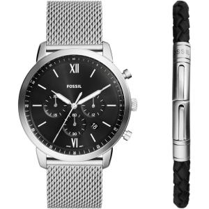 imageFossil Mens Neutra Quartz Stainless Steel and Leather Chronograph WatchSilver Mesh Gift Set