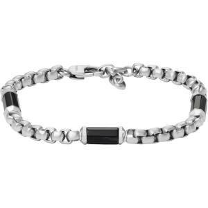 imageFossil Mens Plated Stainless Steel Engravable Personalized Gift ID Chain or Cuff Bracelet for MenSilver Box ChainBlack Beads