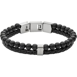 imageFossil Mens Stainless Steel and Genuine Leather andor Beaded Bracelet for MenBlack