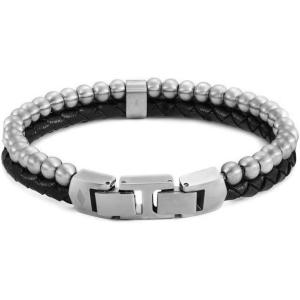 imageFossil Mens Stainless Steel and Genuine Leather andor Beaded Bracelet for MenSilver BeadedBlack