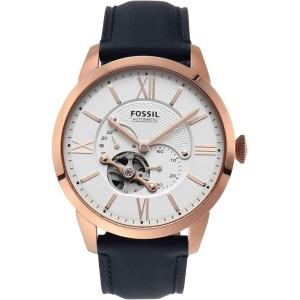imageFossil Mens Townsman Automatic Stainless Steel and Leather TwoHand Skeleton WatchBlue LeatherRose Gold