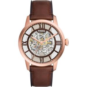 imageFossil Mens Townsman Automatic Stainless Steel and Leather TwoHand Skeleton WatchBrown LeatherRose Gold