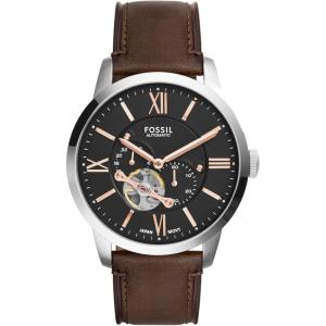 imageFossil Mens Townsman Automatic Stainless Steel and Leather TwoHand Skeleton WatchBrown LeatherSilverBlack