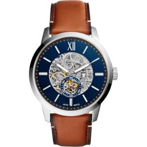 imageFossil Mens Townsman Automatic Stainless Steel and Leather TwoHand Skeleton WatchBrown LeatherSilverBlue