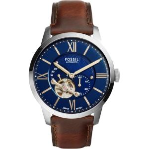 imageFossil Mens Townsman Automatic Stainless Steel and Leather TwoHand Skeleton WatchBrown LeatherSilverBlue Dial