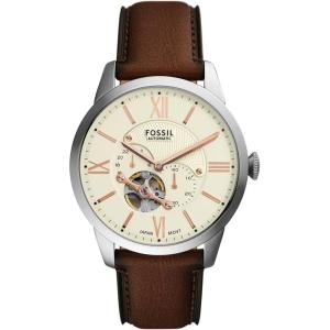 imageFossil Mens Townsman Automatic Stainless Steel and Leather TwoHand Skeleton WatchBrown LeatherSilverCream