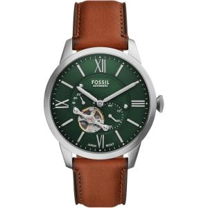 imageFossil Mens Townsman Automatic Stainless Steel and Leather TwoHand Skeleton WatchBrown LeatherSilverGreen