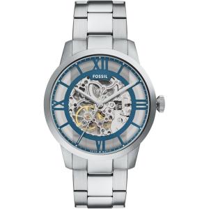 imageFossil Mens Townsman Automatic Stainless Steel and Leather TwoHand Skeleton WatchSilverBlue